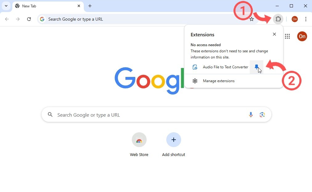 How to pin the Audio File to Text Converter extension in your browser toolbar.