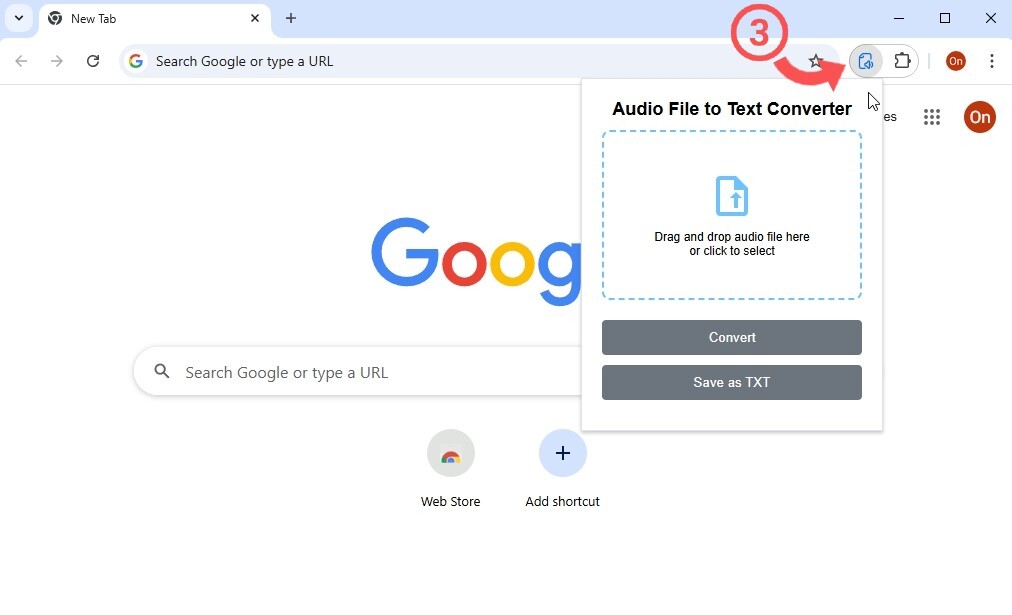 How to open the Audio File to Text Converter extension after pinning it.